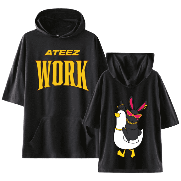 Ateez Merch Work Single Logo T-shirt with Hooded Kpop Cool Casual Short Sleeve Tee Top for Women and Men Summer Wear