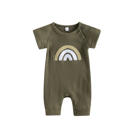 

jaweiwi Infant Toddler Baby Girls Boys Waffle Bodysuit Rainbow Print Short Sleeve Crew Neck Snap Closure Jumpsuits Summer Newborn Romper