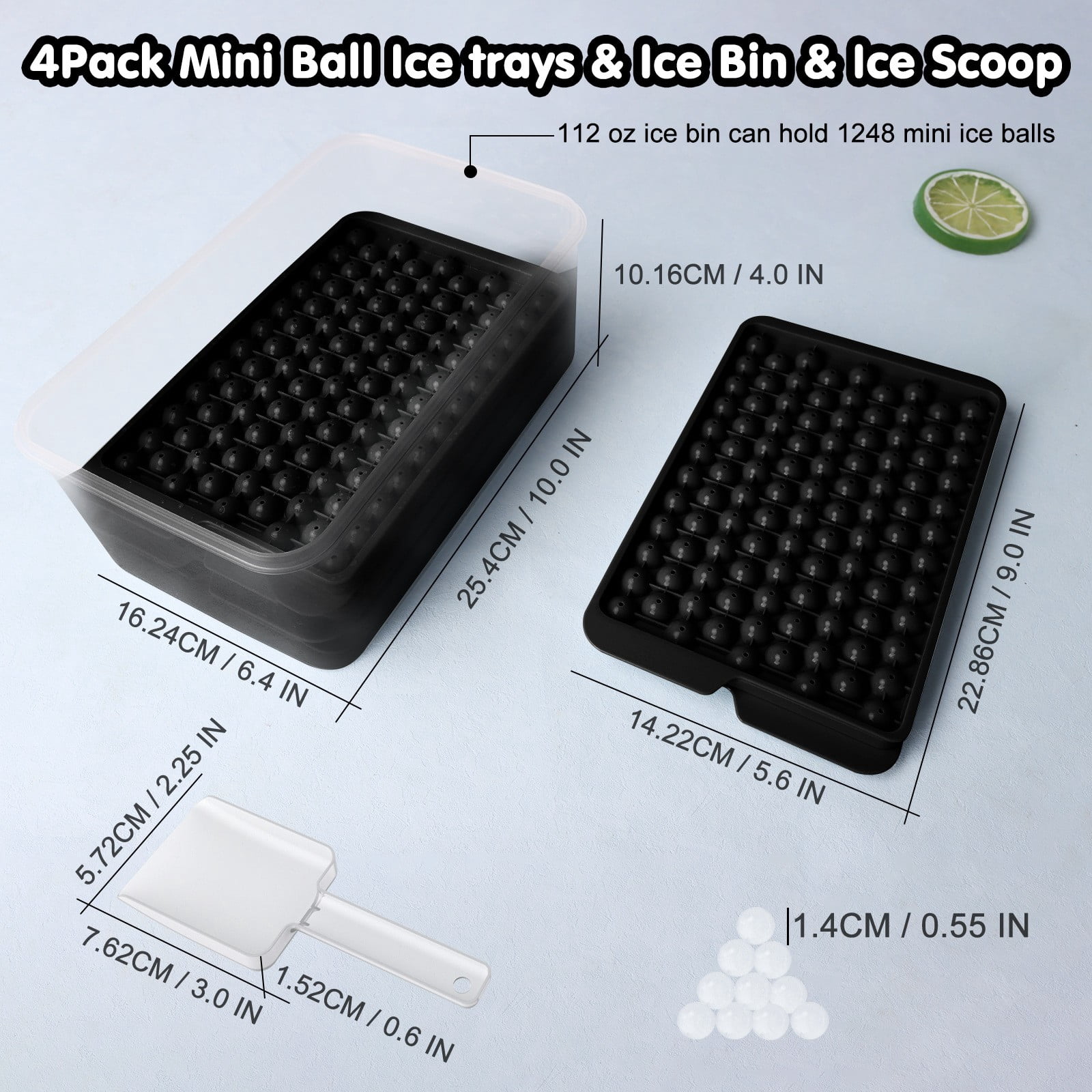 4-Pack Mini Round Ice Cube Trays with Storage Bin & Scoop, Small Ice Ball Maker for Chilled Drinks, Coffee and