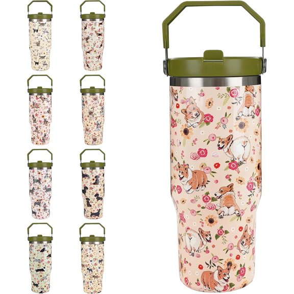 30oz Corgi Tumblers Gifts for Women with Handle and Straws, Stainless Steel Vacuum Insulated Coffee Tumbler, Travel Mug Water Bottle, Dog Stuff Accessories Decor, Dog Gifts for Women