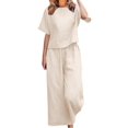 thumbnail image 2 of Women'S 2 Piece Set - Boat Neck Half Sleeve Top & Wide Leg Pants with Pockets, Casual for Work, Travel Creamy White L, 2 of 6
