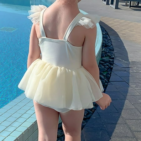 

Gubotare New Small And Medium Girls Fashion Suspenders Beach Vacation Mesh Dress Swimsuit With Two Piece Short Bathing Suit White 2-3 Years