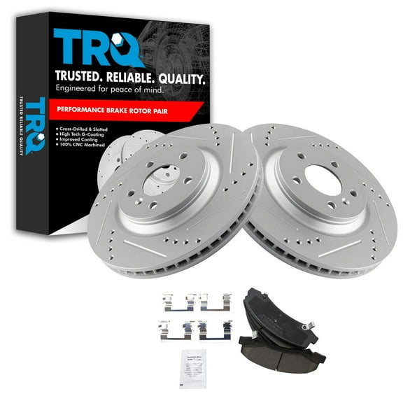 TRQ Front Premium Posi Ceramic Brake Pads & Performance Drilled Slotted Coated Rotors