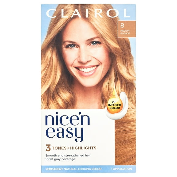 Clairol Nice'n Easy Permanent Hair Color Cream, 8 Medium Blonde, Hair Dye, 1 Application