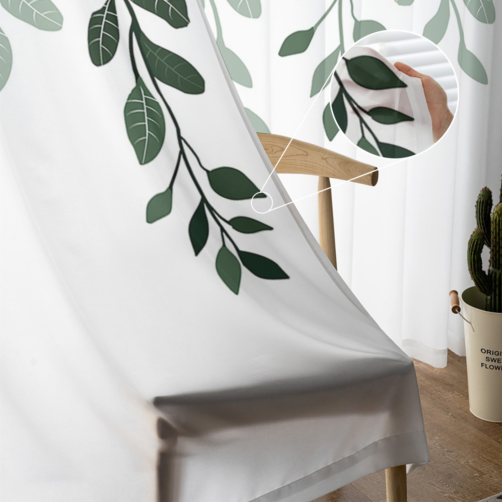 Sheer Curtains 108 inches Long, Plants Gradient Green Leaves Farmhouse Style Light Filtering Sheer Window Curtains Rod Pocket Voile Drapes for Bedroom Living Room, 52"W x 108"L 2 Panels