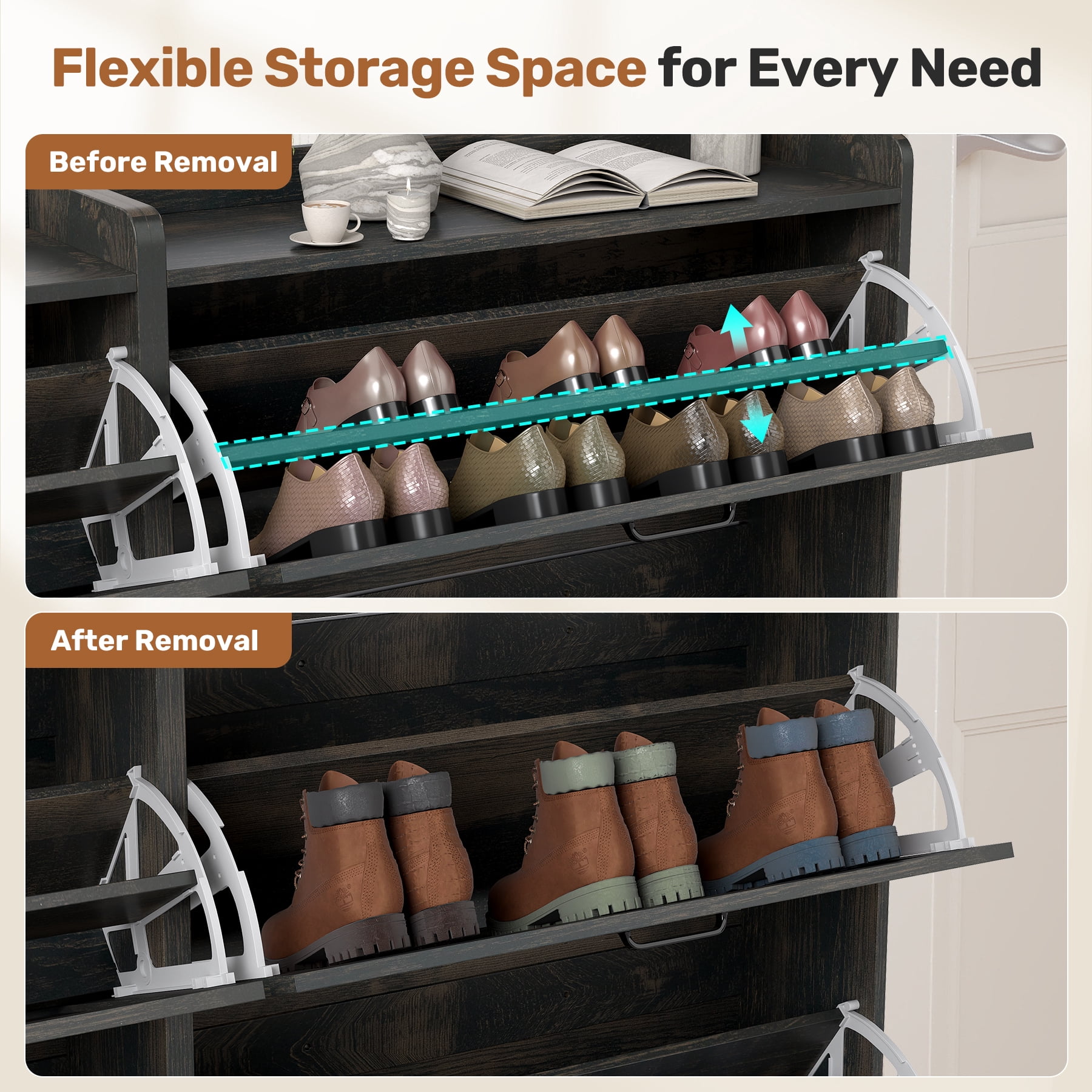 MOONMISS Shoe Storage Cabinet with 3 Flip Drawers and Open Storage,Rustic Wooden Shoe Organizer for Entryway Hallyway