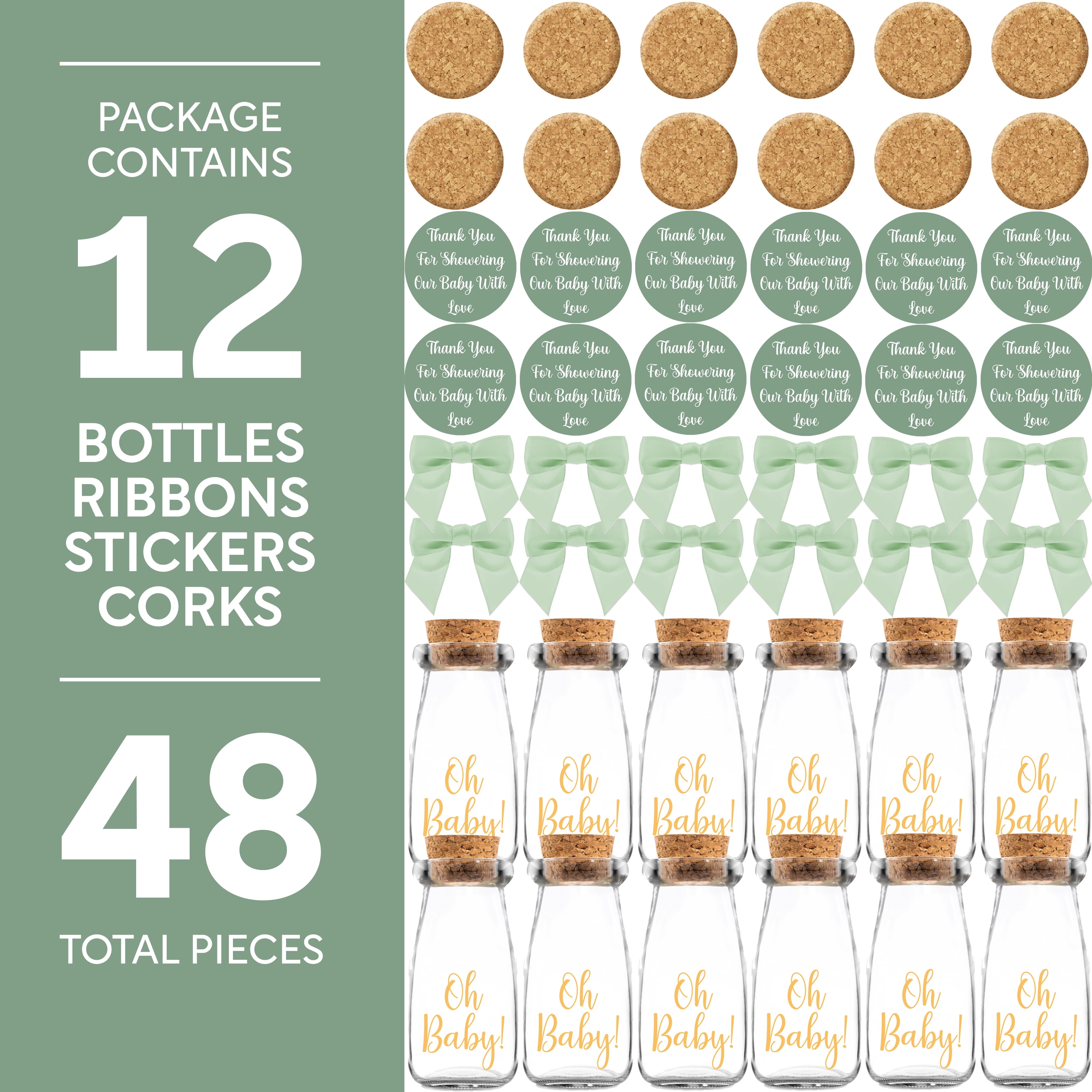 Vintage 12 Pack Oh Baby Woodland Milk Glass Bottles with Ribbons and Stickers - Classy Baby Shower Favors for Guests and Table Centerpieces - Gender Neutral Eucalyptus Decoration - Safari Theme