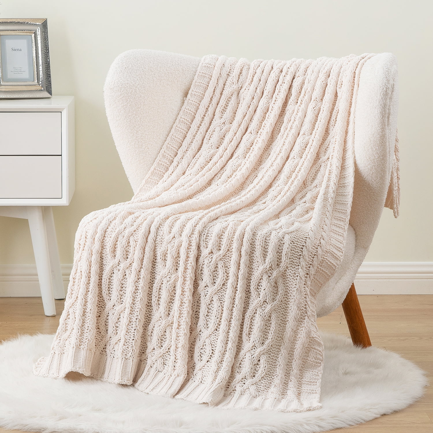 Battilo Cream Chenille Knit Throw Blanket, Textured Woven Decorative Blanket for Couch Bed,51"x67"