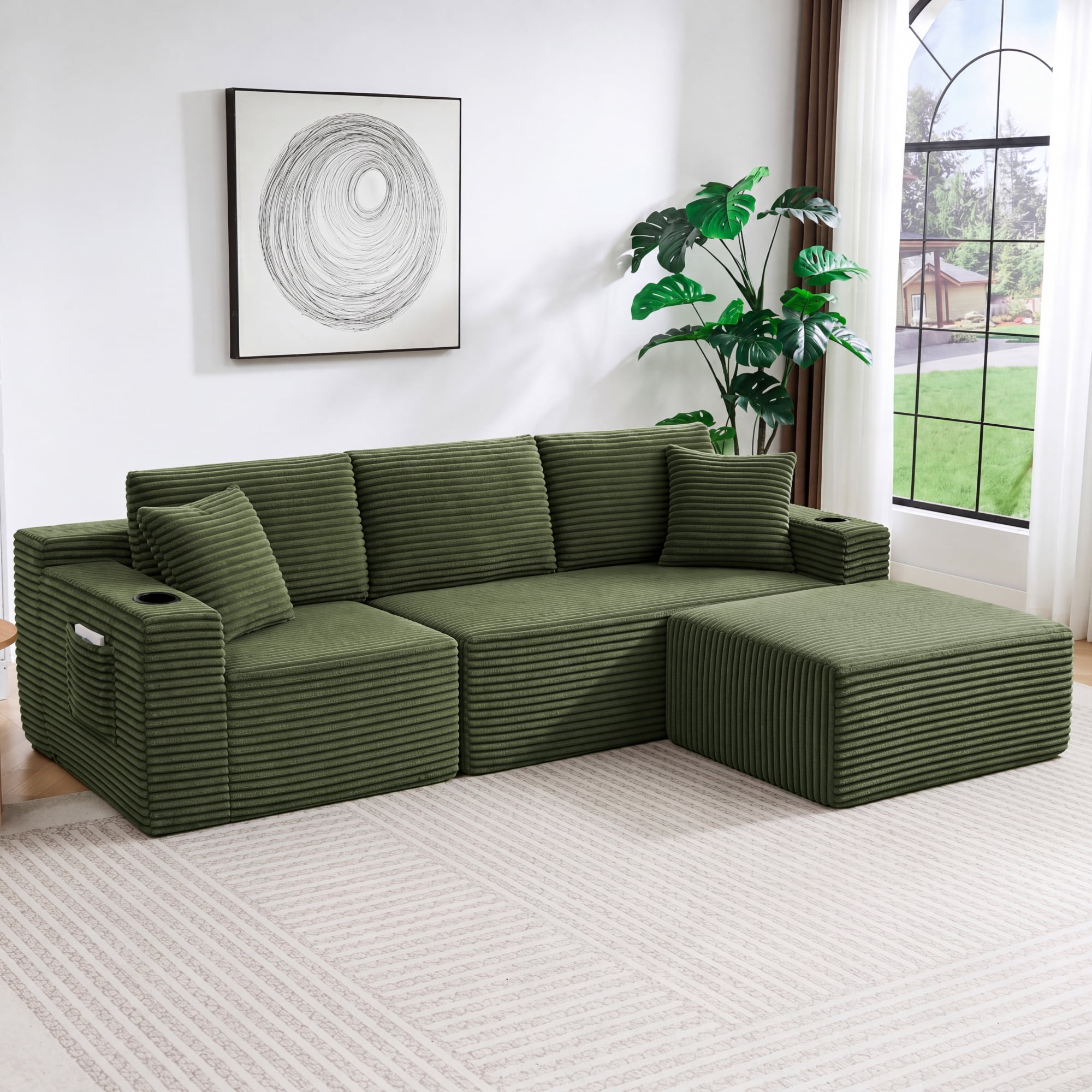 HOQBN L-Shaped Sectional Sofa with Ottoman, Corduroy 3-Seat Couch, Modern Modular Sofa for Living Room Green