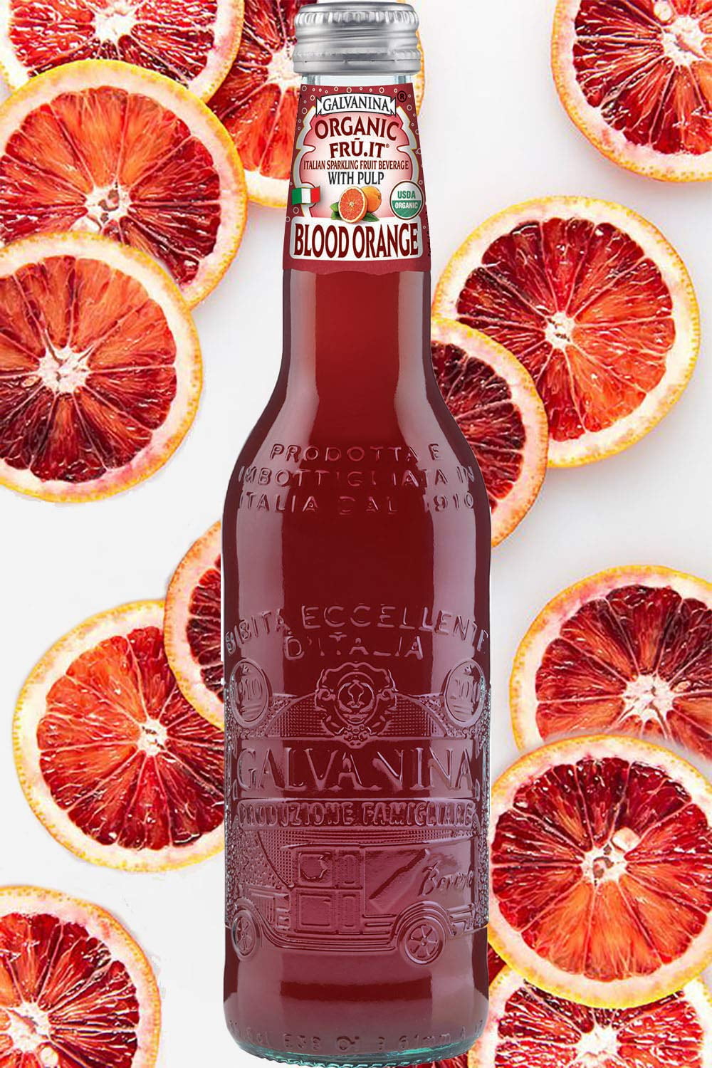 Galvanina - Blood Orange With Pulp - Premium Organic Italian Sparkling Fruit Beverage - 12 fl oz (6 Glass Bottles)
