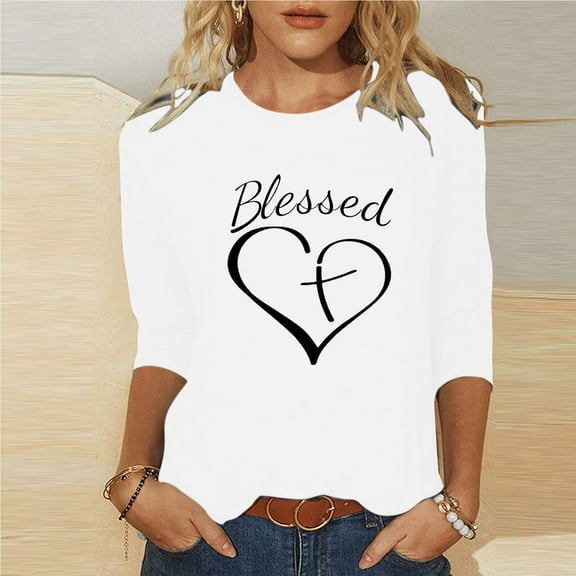 Charella 3/4 Sleeves Valentine's Day Printed T-shirt for Women Round Neck Casual Tops Blouse White,10