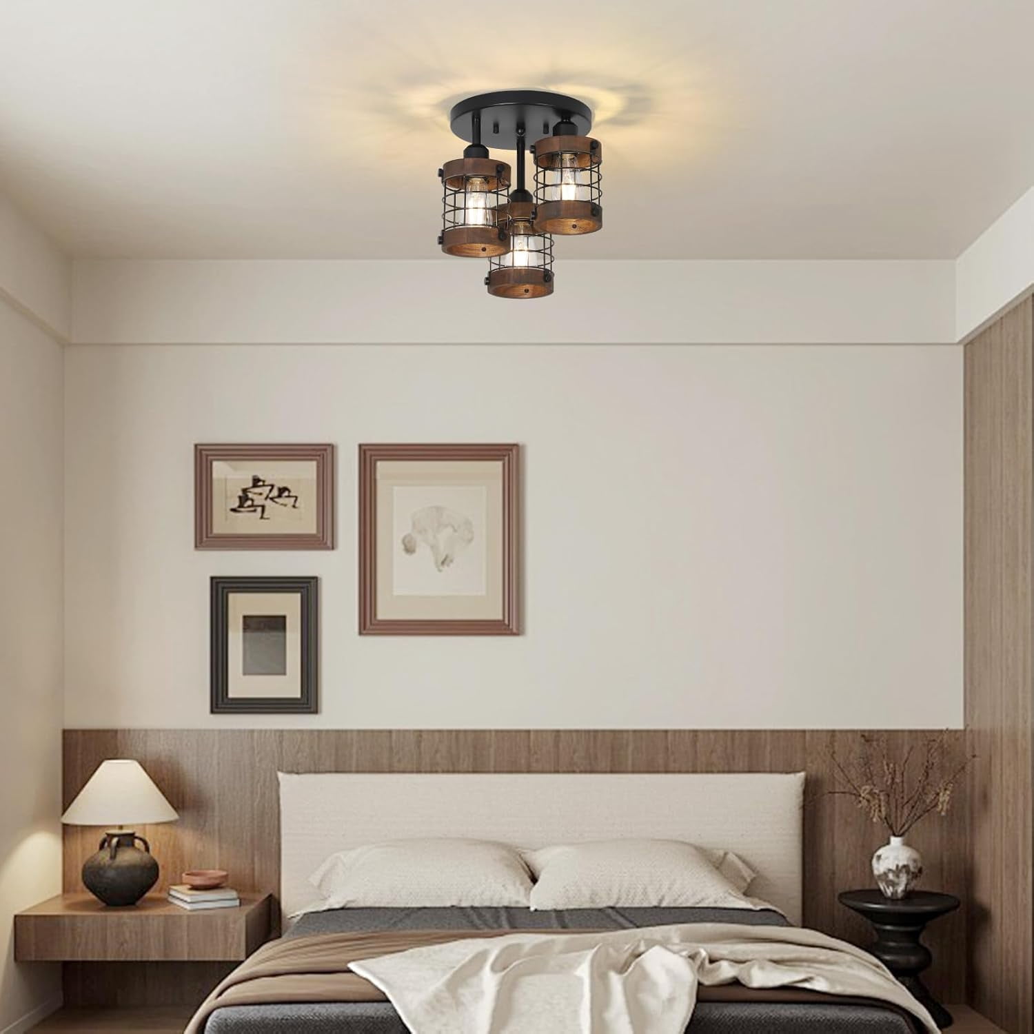 3-Light Farmhouse Semi Flush Mount Ceiling Light, Black & Wood Cage Ceiling Fixture with E26 Base, Industrial Close to Ceiling Lighting for Kitchen, Hallway, Entryway, Bedroom, Porch, Dimmable, 9.8"