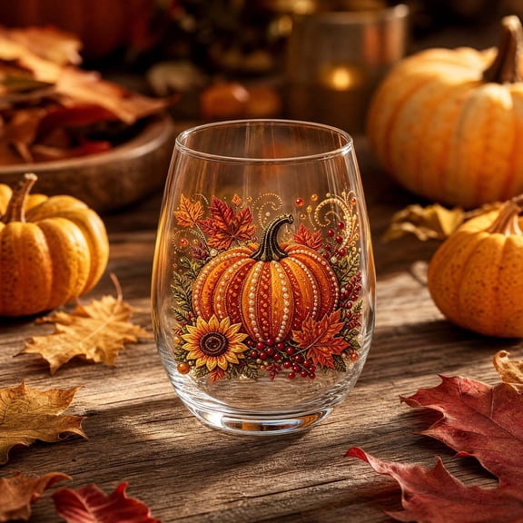 Holloyiver Fall Stemless Wine Glasses 17 Oz Pumpkin Maple Leaf Drinking Glasses Watercolor Orange White Green Pumpkin Tumbler Cups for Autumn Thanksgiving Party Home Kitchen Decorations Gifts