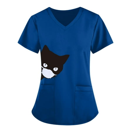 

Ladies Summer Tops Women s Cute Print Short Sleeve V-neck Top Work Uniform Solid Color Pocket Top Fashion Tops for Women