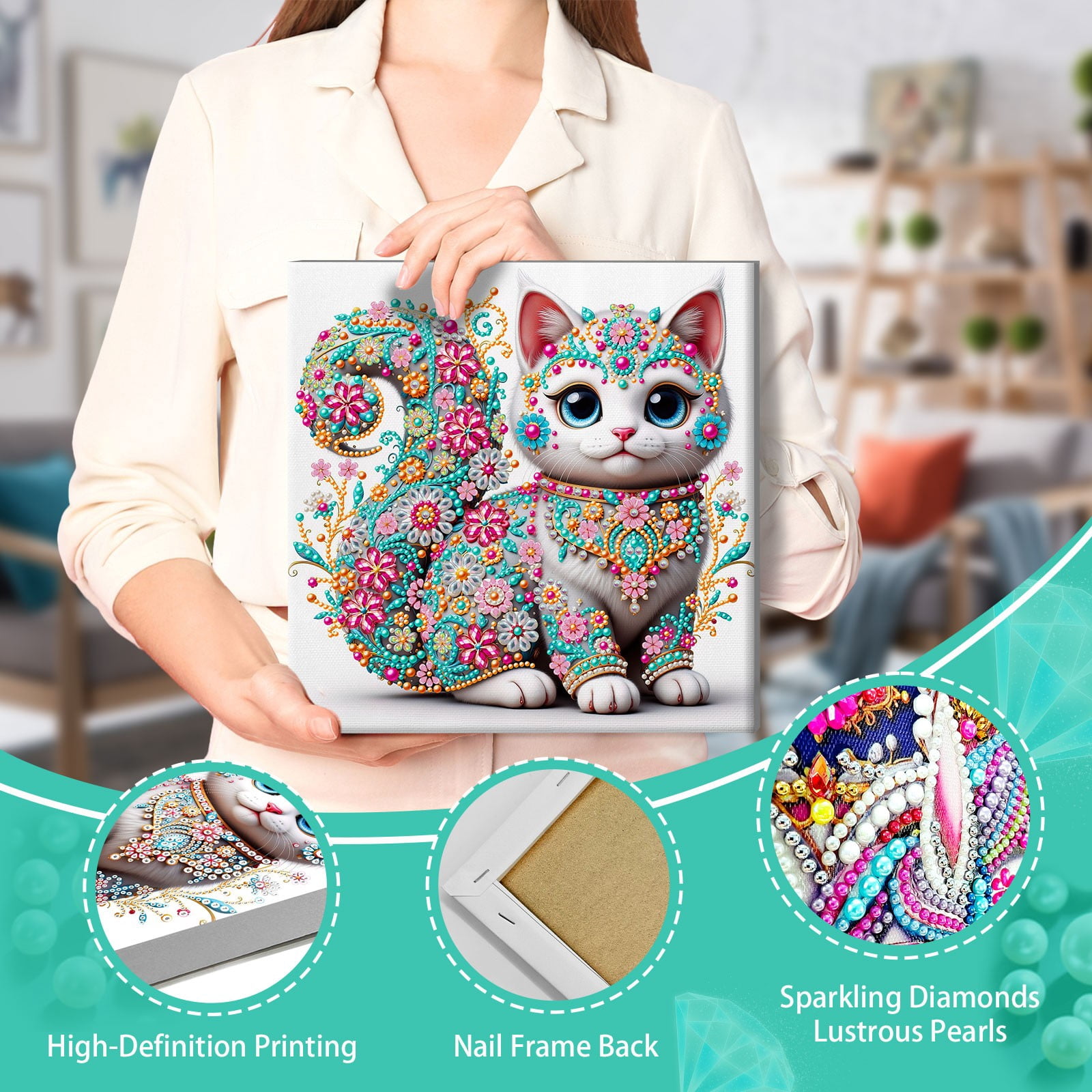 FLOPESN DIY Pearl Painting Kit with Wood Frame, 11.42x11.42 Inch Home Wall Art Decor, Mindful Adult Craft for Stress Relief and Relaxation-Cat-1