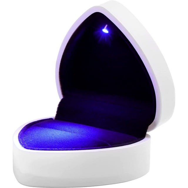 Caja de terciopelo con forma de corazón para anillos de boda, con luz LED, ideal para San Valentín, bodas y aniversarios, color rojo (blanco)