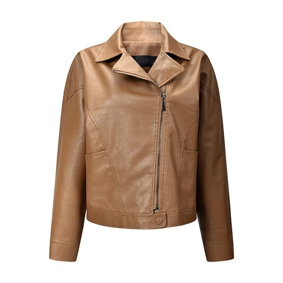 Levmjia Women's Casual Solid Lapel Zip-Up Leather Jacket Short Long Sleeve with Pockets Fashion Motorcycle Biker Coat Vintage Slim Fit Outerwear