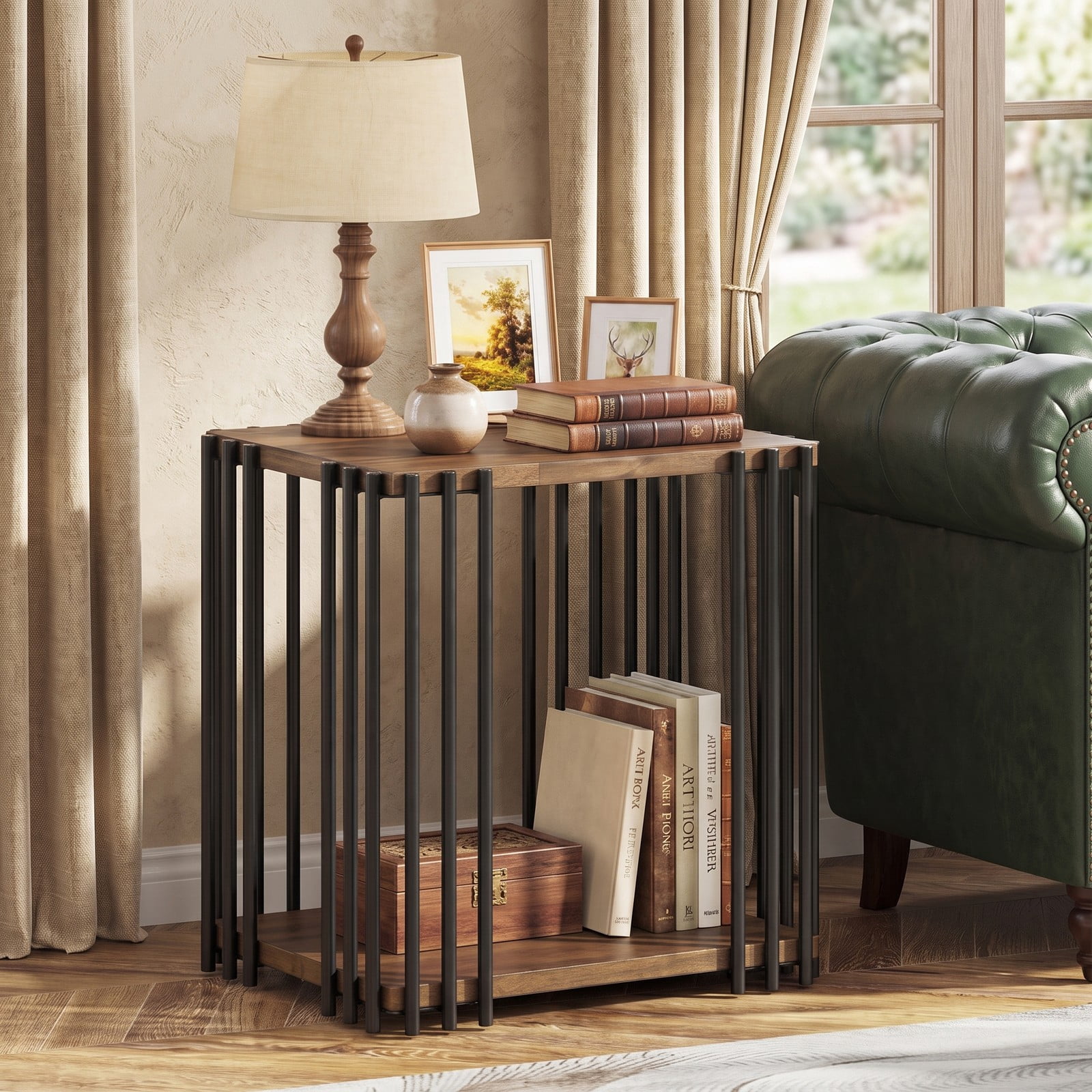 Furnibear Rubber Wood Side Table, 2-Tier End Table with Storage Shelf and Sturdy Metal Frame for Living Room Bedroom, Compact Nightstand Sofa Accent, Walnut and Black