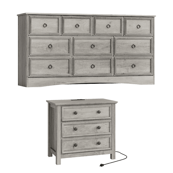 LGHM 2 Piece Modern Farmhouse Bedroom Furniture Set, Large 10 Drawer Dresser and Nightstand with 3 Drawers & Charging Station, Gray Wash