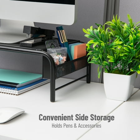 Mind Reader - Monitor Stand, Ventilated Laptop Riser, Desktop Organizer, Side Storage, Metal Mesh, 20"L x 11.5"W x 5.5"H - Black