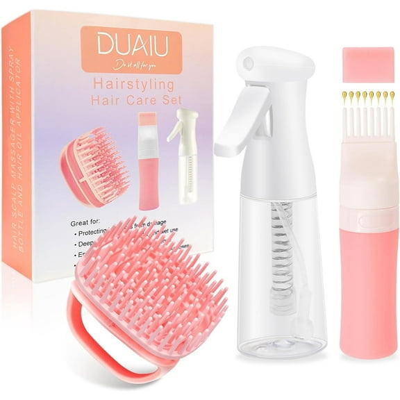 DUAIU Hair Oil & Dye Applicator Tool Set - Continuous Spray Bottle   Silicone Scalp Massager & Root Comb | Includes Shampoo Brush | For Hair Treatment & Coloring