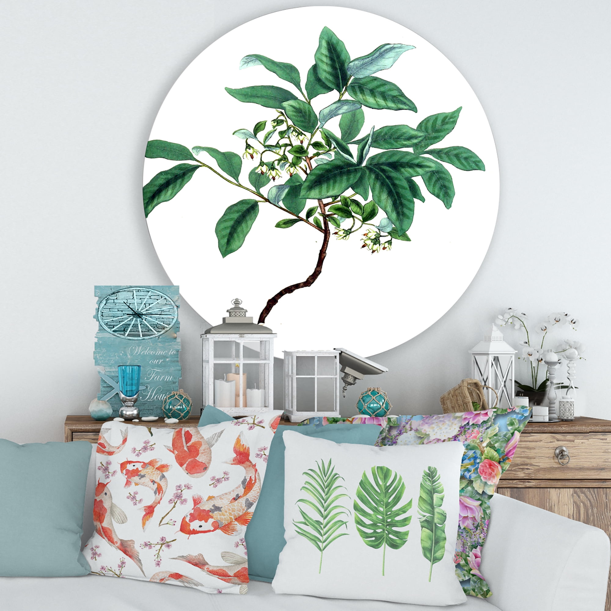 Designart 'Ancient Green Leaves Plants IV' Traditional Circle Metal Wall Art 36x36 - Disc of 36