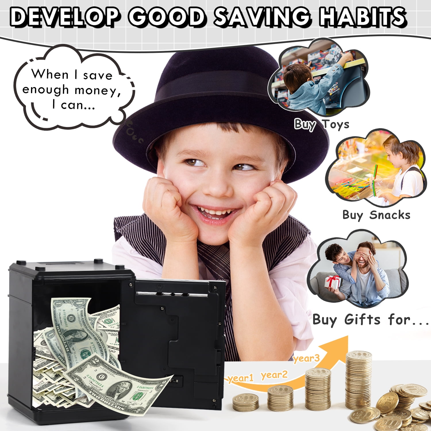 Piggy Bank for Kids Girls Boys, Large Electronic Money Saving Box with Password Protection, Automatic Paper Money Scroll - Black