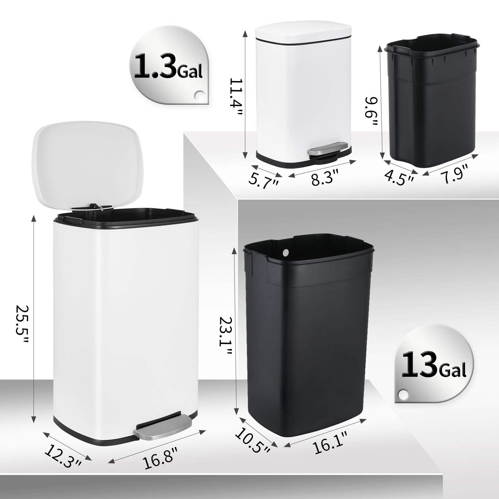 TLSUNNY 13.2+1.3 Gal Trash Can Set, Stainless Steel Step Garbage Bin Combo with Removable Inner Buckets, Lid Dustbin, for Kitchen, Home