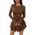 thumbnail image 3 of Womens Long Sleeve Corset Mini Dress Ruffle Hem Short Party Club Dresses Brown M, 3 of 9