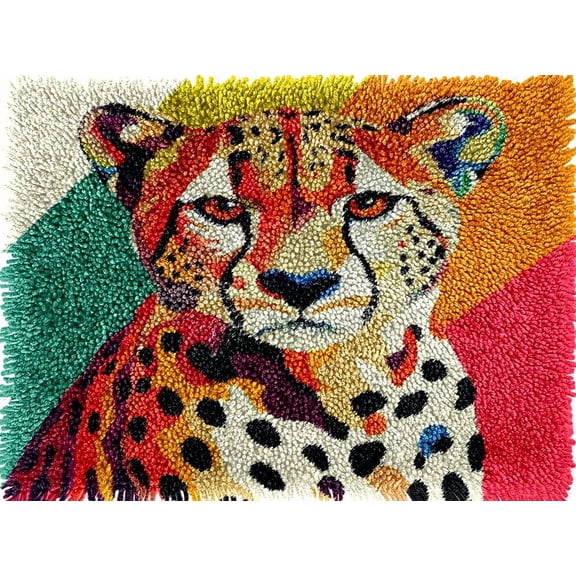 Cheetah Colorful Latch Hook Rug kits Pre-printed Crochet Yarn DIY Hooking Latch Kit Carpet Rug Cover Mat for Christmas Chair Cushion Floor Decor 52x38cm(2)