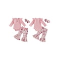 thumbnail image 2 of Suagox Baby Girl 3Pcs Clothes Set Spring Outfits Solid Color Buttons Long Sleeve Rompers Floral Print Flare Pants Headband for 0-18 Months Baby, 2 of 10