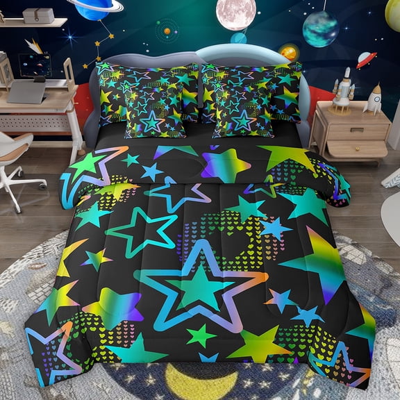 Feelyou Dreamy Stars Graffiti Twin Bedding Sets 7-Piece for Kids, Black Blue Cartoon Bedding Comforter Set, Fashion Love Heart Reversible Sheet Sets, Ultra Soft Bedroom Decor