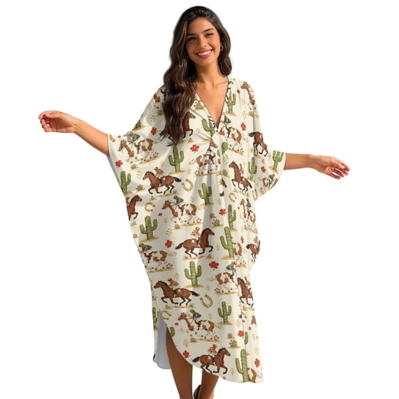 Xixirimido Cowboy Cactus Print Women Kaftan Dresses Plus Size Swimsuit Coverup Batwing Sleeve Summer Bathing Suit Caftan Loungewear Beach Cover Up