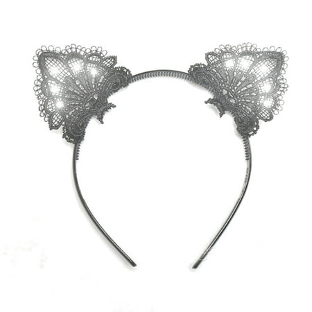LED Black Lace Cat Animal Ears Headband by Blinkee