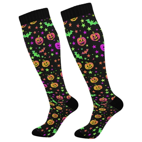 joogoo Neon Pumpkins Bats Compression Socks Women Men Knee High Sock
