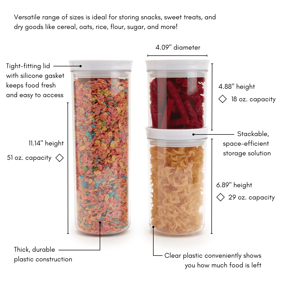 Mason Craft & More 6 Piece Clear Plastic Tall Food Storage Canisters Containers Set Airtight Dishwasher Safe, 18 oz. / 29 oz. / 51 oz.