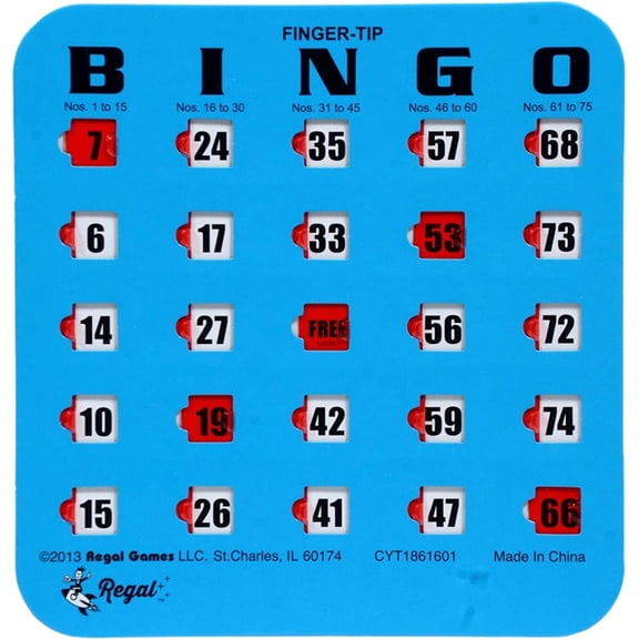 Regal Games, Blue Fingertip Shutter Slide Bingo Cards for Kids and Adults, 5 Pack
