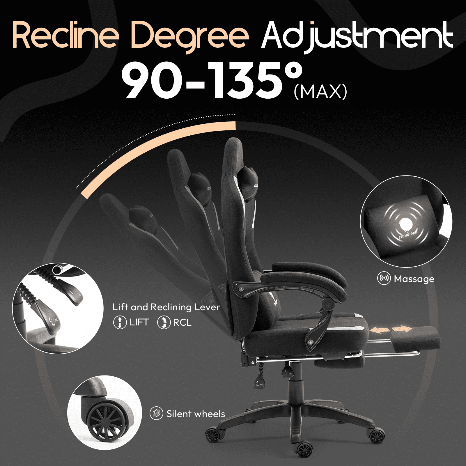 GOOSEA Fabric Gaming Chair with Pocket Spring Cushion, Breathable Computer Chair with Massage Lumbar Support and Footrest, High Back Office Chair for Adults, Black
