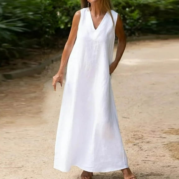 Wycnly Summer Dresses for Women Dresses for Women 2024 Loose Breathable Cotton Linen Tank Long Dress with Pocket Womens Trendy Solid V-Neck Sleeveless Maxi Sundress