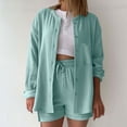 thumbnail image 2 of Hurxie 2 Piece Linen Set for Women Oversized Wrinkle Long Sleeve Button Down Shirts and Drawstring Shorts Beach Outfit Sets Mint Green,3XL, 2 of 5