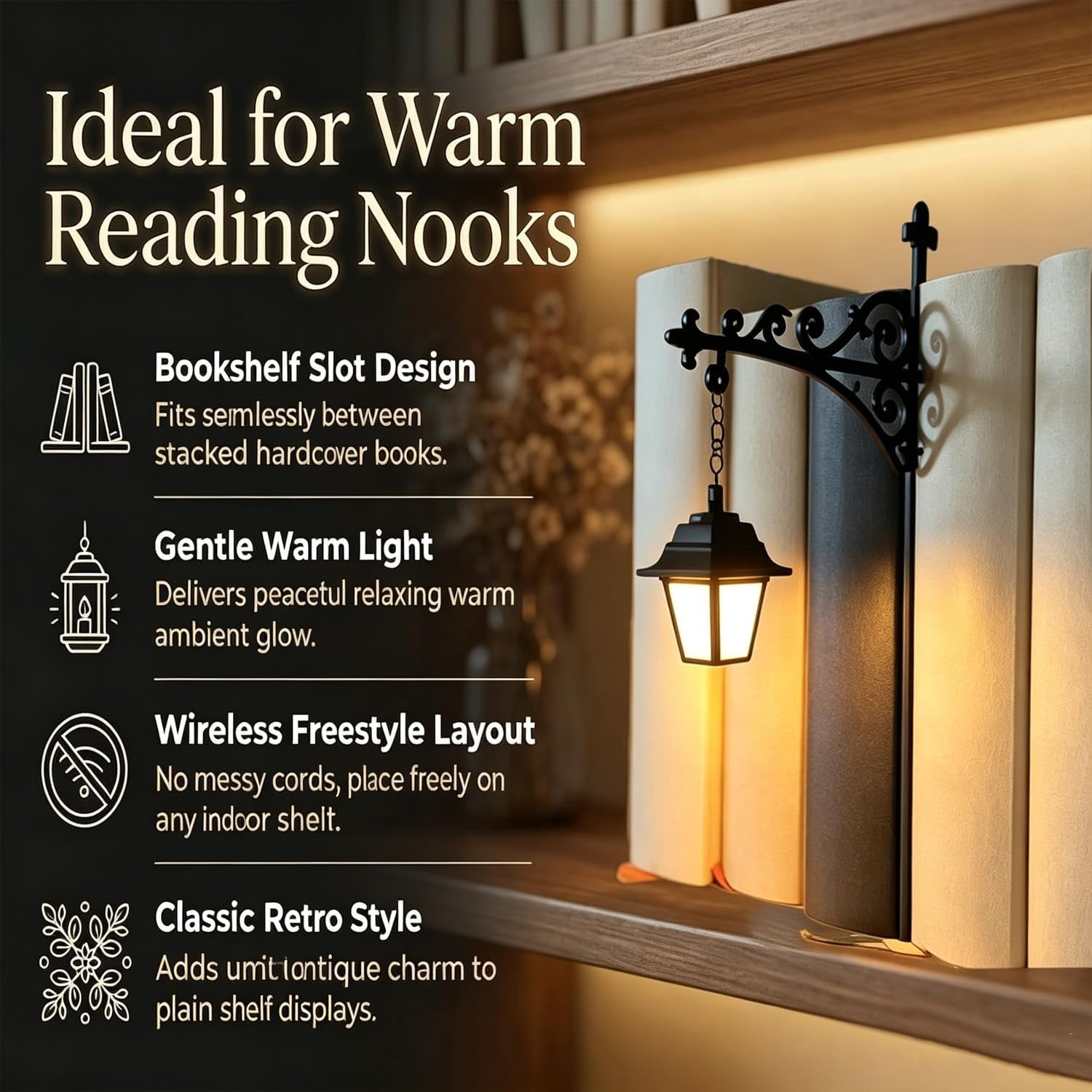 3 Pack Library Lantern Bookshelf Lamp – Vintage Bookend Decor with Warm LED Light, Reading Shelf Light for Home Library, Study Room, Book Lover Gift
