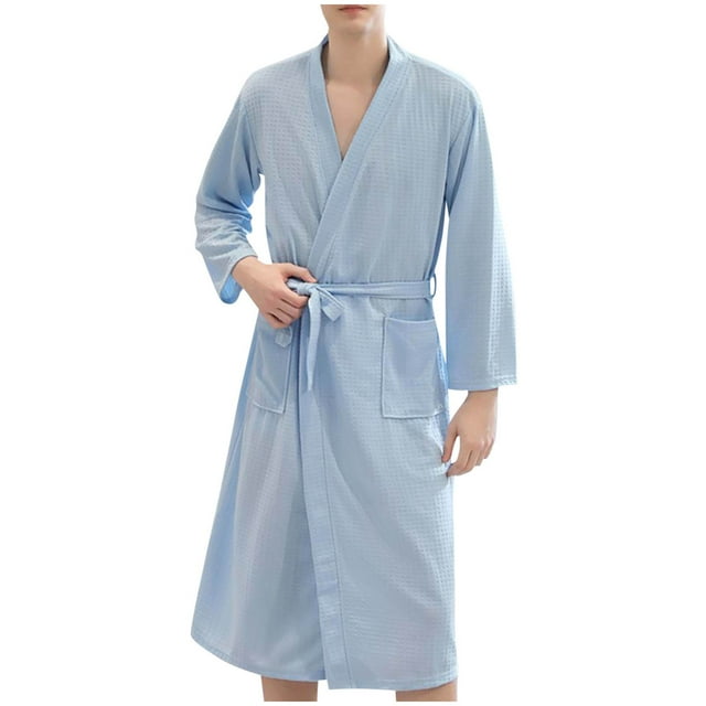 Wo-Fusoul Men's Waffle Knit Robe, Quick Dry Bathrobe for Home and Spa, Long Sleeve Lounge Robe with Pocket and Adjustable Tie