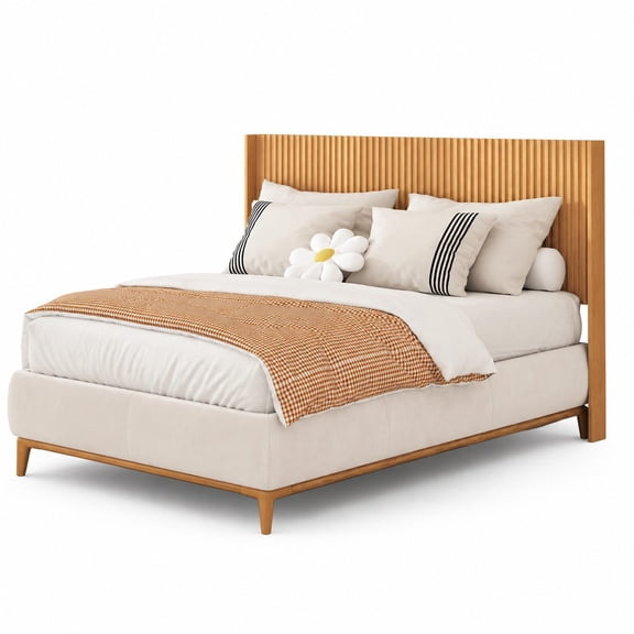 64" Natural Oak Queen Size Fluted Wall Mount Headboard, Headboard Only
