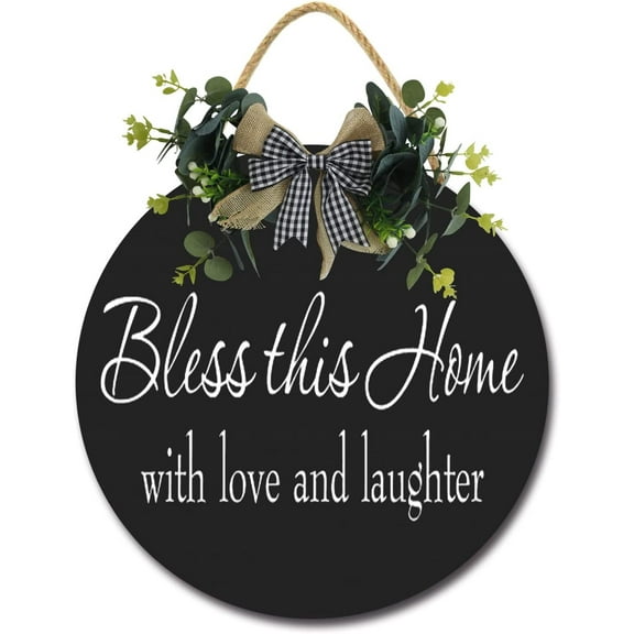 Eveokoki 12" Door Wooden Hanging Sign,Bless This Home with Love and Laughter Sign Front Door Decor with Bowknot Rustic Farmhouse Wood Sign Door Hanger for All Season All Holiday