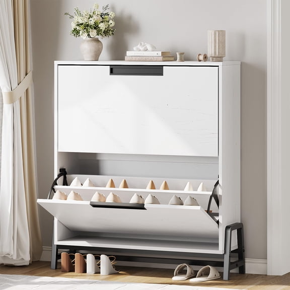 Shoe Storage Cabinet with 2 Flip Drawers, Freestanding Shoe Organizer with Metal Legs, Adjustable Shelf Narrow Shoe Rack Cabinet for Entryway, Foyer, Hallway, Living Room, White