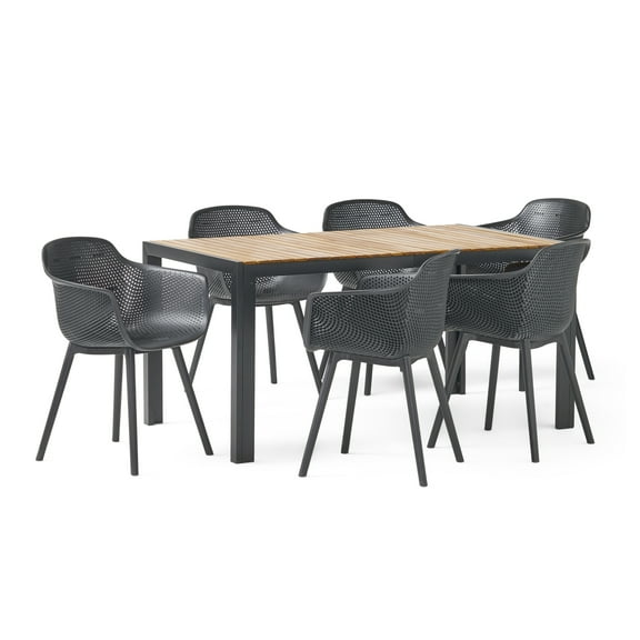 GDF Studio Miramar Outdoor Acacia Wood and Resin 7 Piece Dining Set, Black and Teak