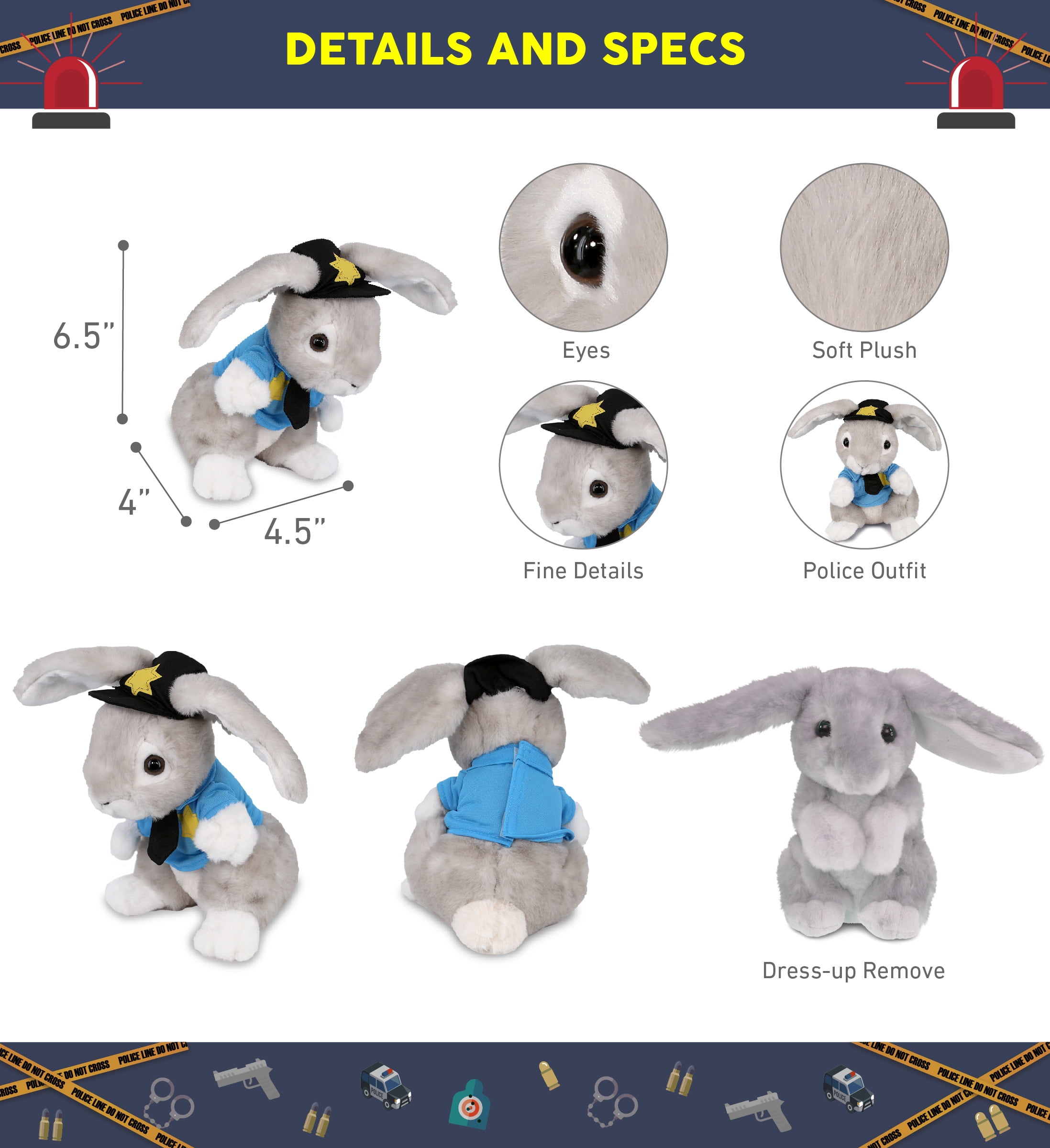 DolliBu Grey Rabbit Police Officer Plush Toy - Soft Rabbit Cop Stuffed Animal Dress Up with Cute Cop Uniform and Cap Outfit - Super Soft Farm Life Animal -  6.5 Inches
