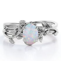 JeenMata Four Prong Set 1.3 Carat Oval Shaped Pin Opal Vine Leaf Design Wedding Set in 18K White Gold Plating over Silver