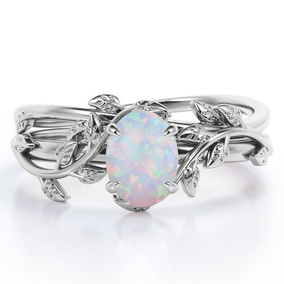 JeenMata Four Prong Set 1.3 Carat Oval Shaped Pin Opal Vine Leaf Design Wedding Set in 18K White Gold Plating over Silver