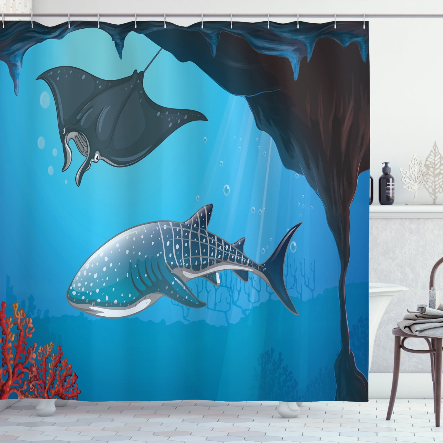 Shark Shower Curtain, Shark Deep Water Stingray with Coral Reefs Algae Rocky Cave Exotic Cartoon Style Art, Fabric Bathroom Set with Hooks, 69W X 84L Inches Extra Long, Blue Grey, by Ambesonne - Shark Shower Curtain, Shark Deep Water Stingray with Coral Reefs Algae Rocky Cave Exotic Cartoon Style Art, Fabric Bathroom Set with Hooks, 69W X 84L Inches Extra Long, Blue Grey, by Ambesonne -